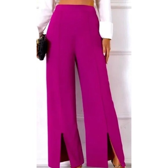 Pants - Happily Grey Women's SIZE 9 Wide Leg Trouser Pants Flair Slit Bottom Purple Pink